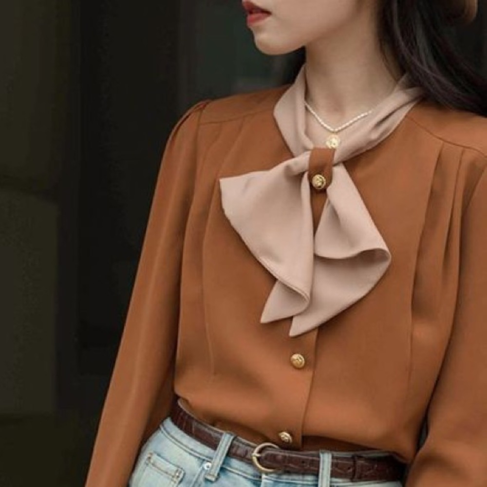 Simple Retro Chiffon Neck Tie Button Down Bi Color Long Sleeve Blouse Small 2020